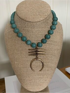 Blue Green Beaded Crescent Necklace Adjustable 15-17”